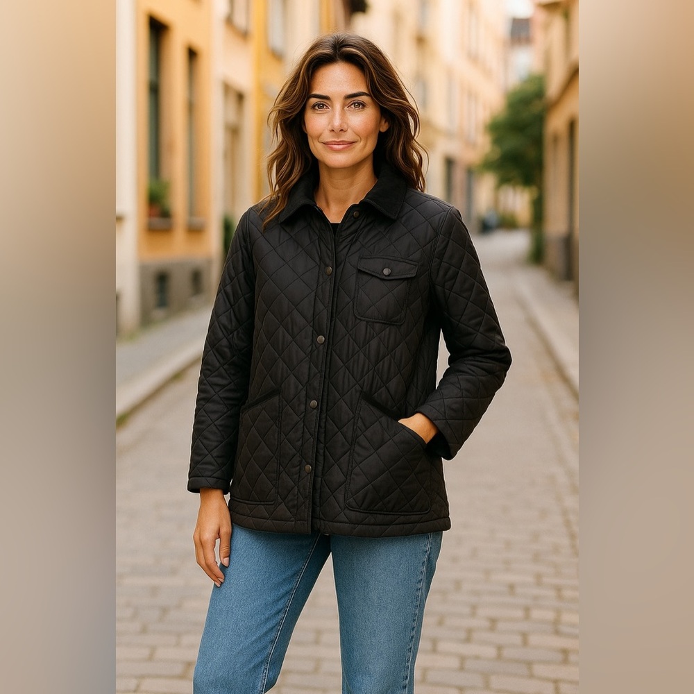 Lauren RL Black Jacket‎ Coat SZ L Quilt Vintage Puff Long Sleeve Travel Women
